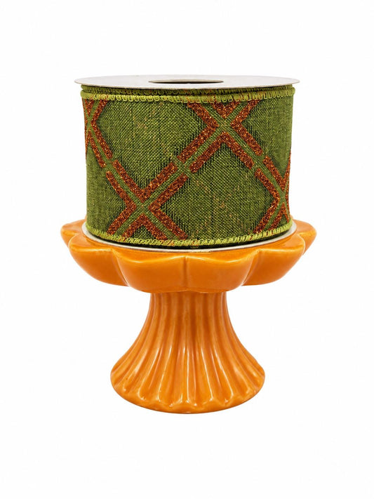 2.5” Olive Green & Orange Glitter Plaid Wired Ribbon - 93021W-044-40F
