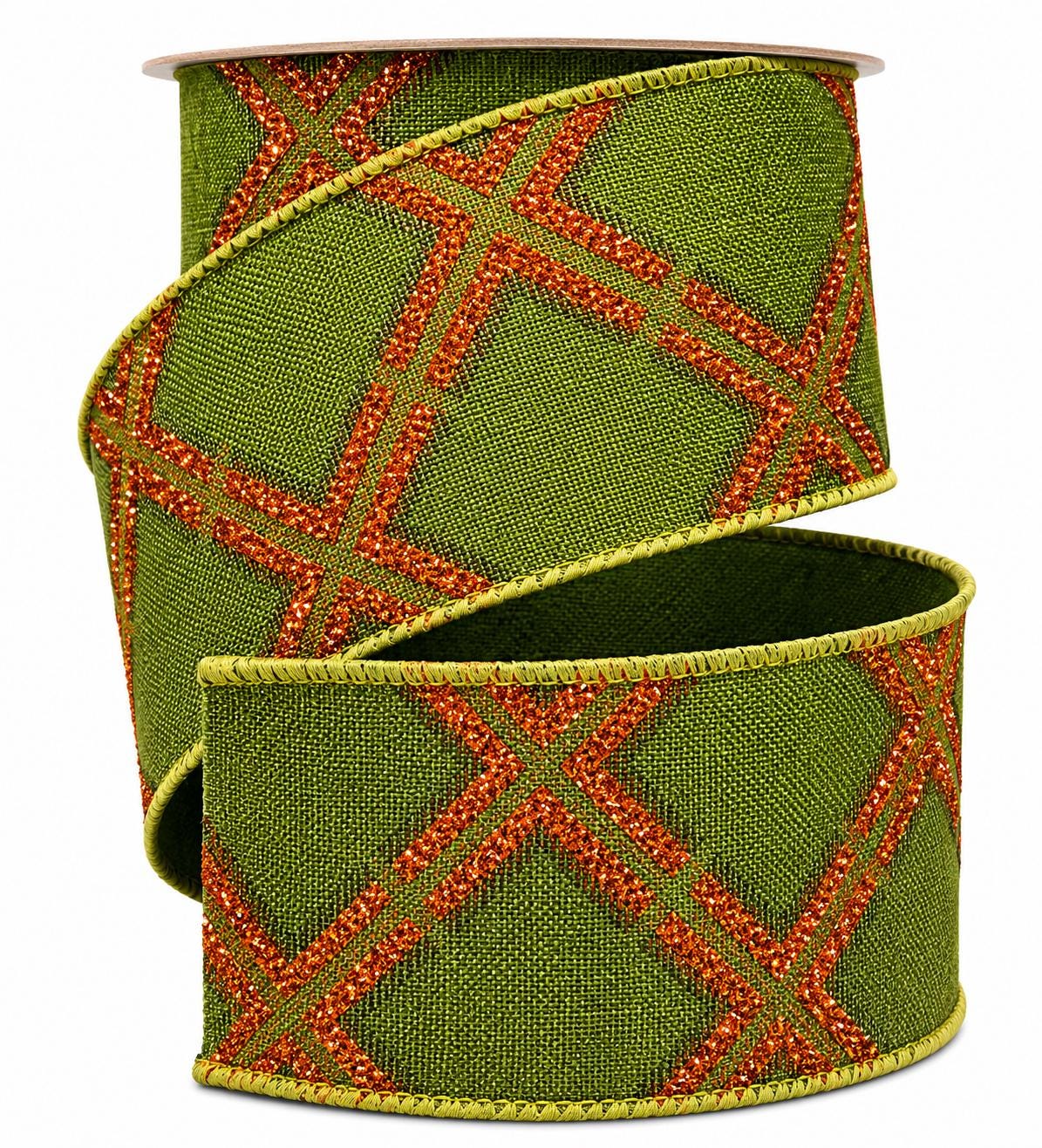 2.5” Olive Green & Orange Glitter Plaid Wired Ribbon - 93021W-044-40F