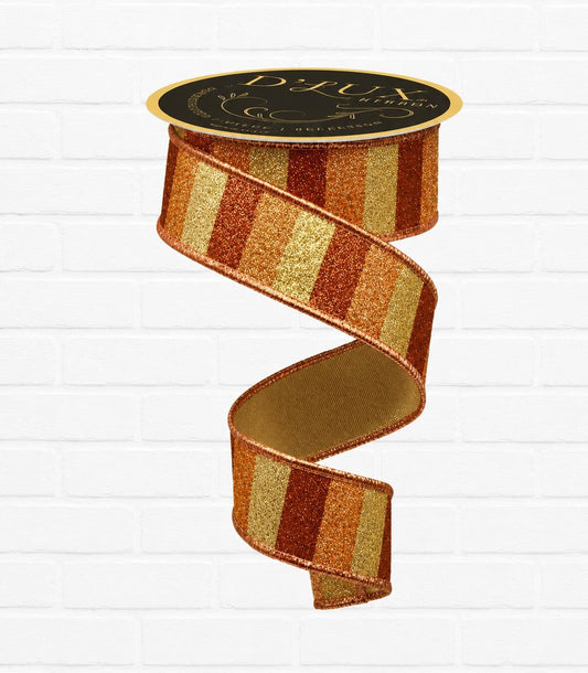 DLux 1.5” x 10yd Fall Glitter Stripe Wired Ribbon, Copper Orange Gold Ribbon - LX310852