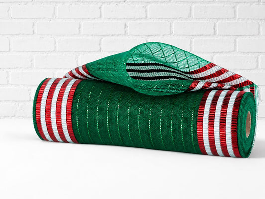 10.25” x 10 Yard Fine Weave Deco Mesh with Foil Border | Green, Red & White Metallic Mesh - RY5042C1