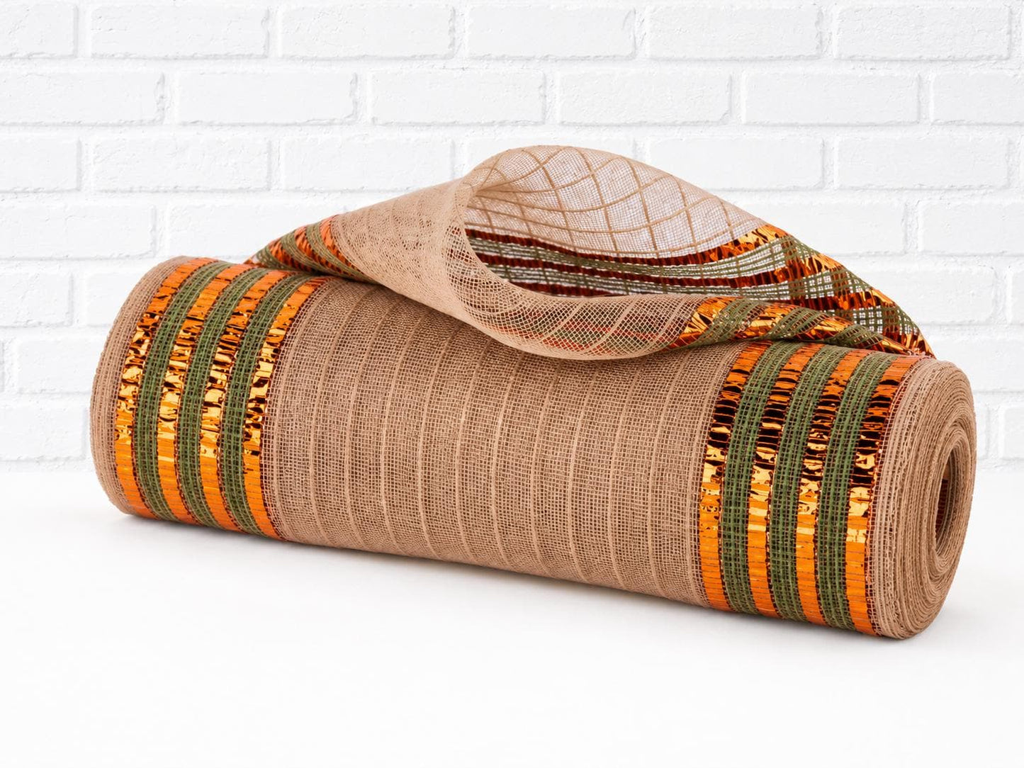 10.25” x 10yd Fine Weave Deco Mesh with Foil/Jute Border Natural Beige Mesh with Copper & Olive Accents - RY5040FJ